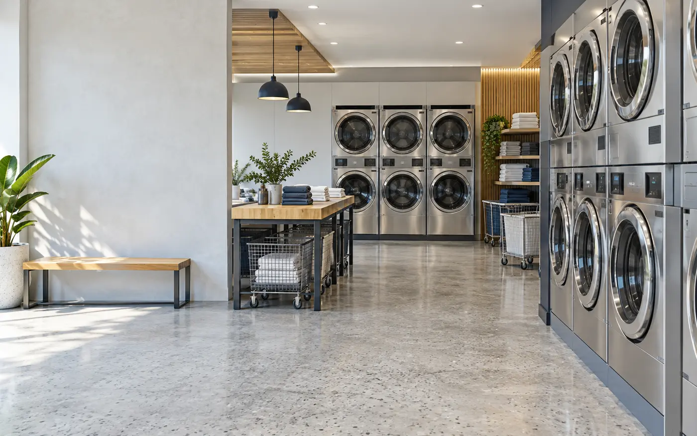 Visual outlet laundry modern dengan susunan washer dan dryer